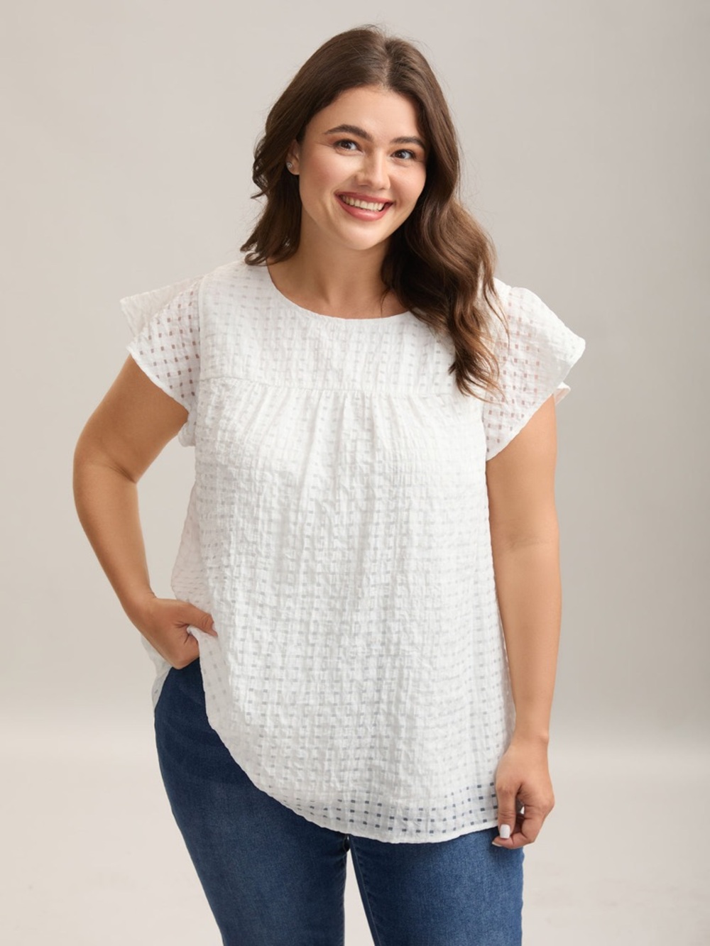 BloomChic White Textured Flutter Sleeve Blouse